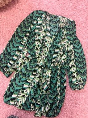 Zara Green and White Patterned V-Neck Tunic Dress